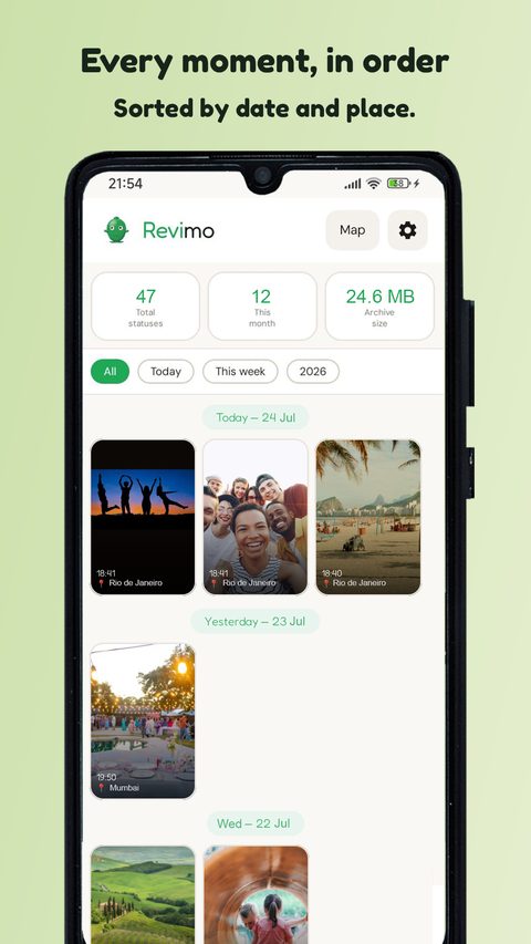 Revimo app — every moment, in order, sorted by date and place